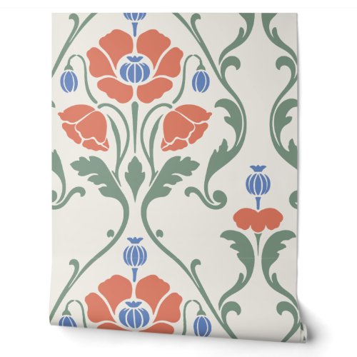 Coral and Cornflower Poppy Damask Wallpaper