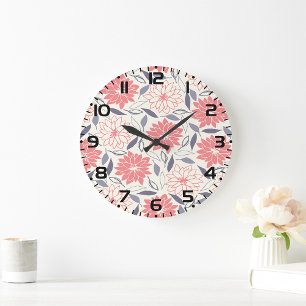 Coral and Cream Floral Pattern Vintage Dahlia Large Clock