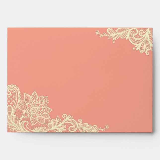 Coral and Cream Lace Wedding Envelopes (Front)