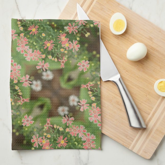 Coral and Dark Green Kitchen Towel (Quarter Fold)