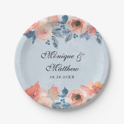 Coral and Dusty Blue Botanical Floral Wedding Paper Plates