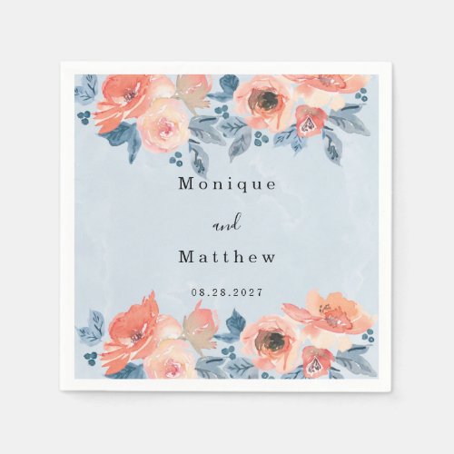 Coral and Dusty Blue Floral Boho Wedding Napkins