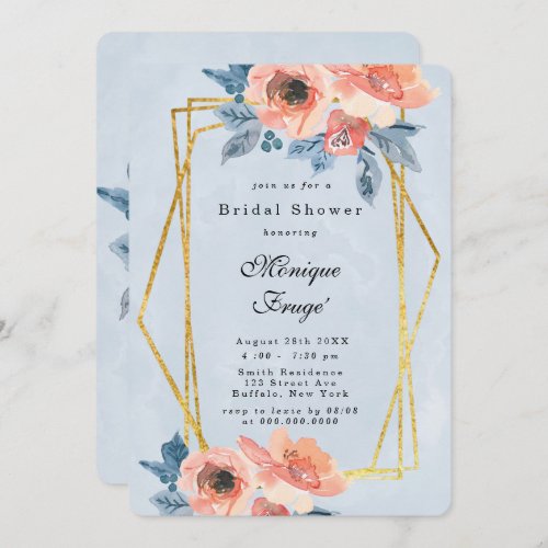 Coral And Dusty Blue Floral Bridal Shower Invitation