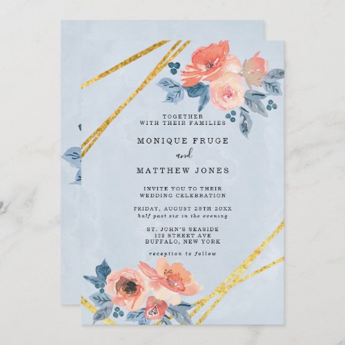 Coral and Dusty Blue Floral Gold Geometric Wedding Invitation