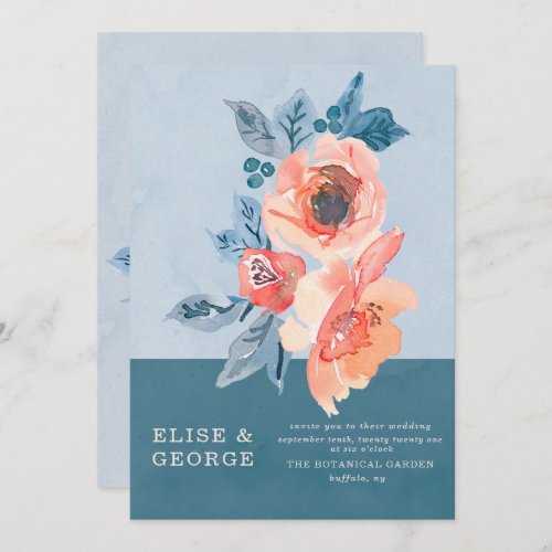 Coral and Dusty Blue Floral Unique Wedding Invitation