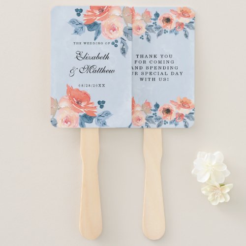 Coral and Dusty Blue Floral Wedding Hand Fan