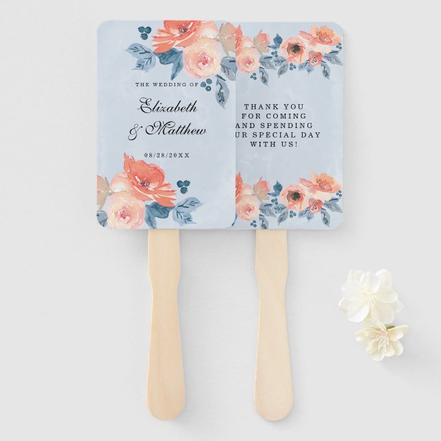 Coral and Dusty Blue Floral Wedding Hand Fan (Front and Back)