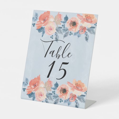 Coral and Dusty Blue Floral Wedding Table Number Pedestal Sign