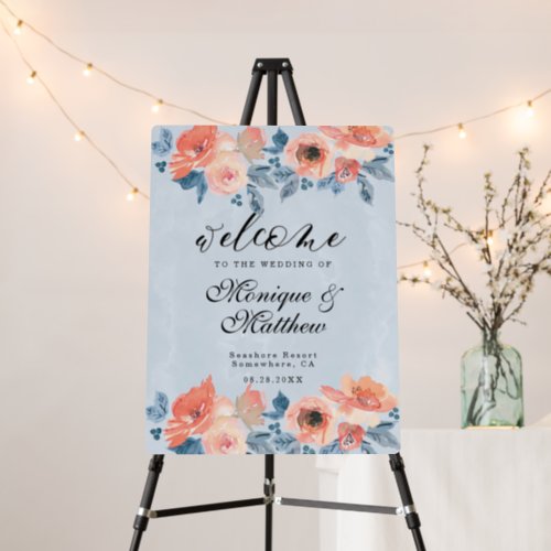 Coral and Dusty Blue Floral Wedding Welcome Sign