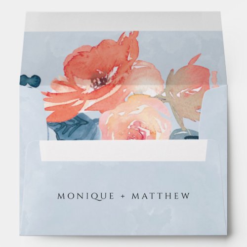 Coral and Dusty Blue Watercolor Floral Wedding Envelope