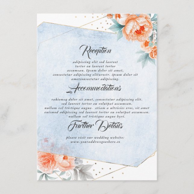 Coral and Dusty Blue Wedding Information Guest Enclosure Card (Front)