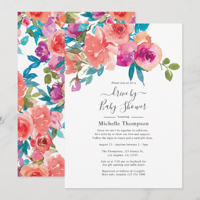 Coral and Fandango Floral Drive By Shower Invitation (Front/Back)