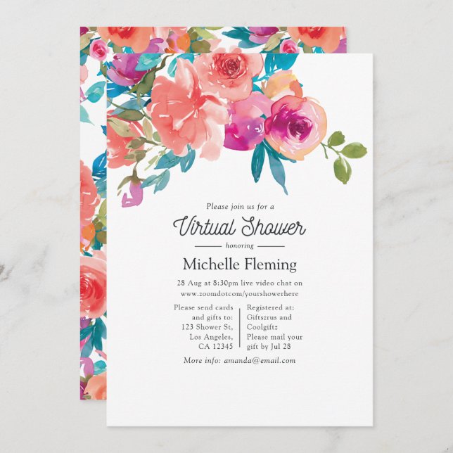 Coral and Fandango Floral Virtual Shower Invitation (Front/Back)