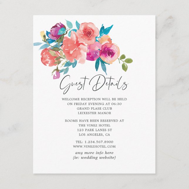 Coral and Fandango Floral Wedding Guest Details Enclosure Card (Front)