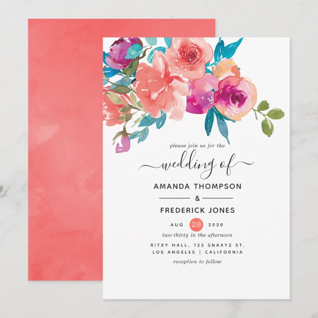 Coral and Fandango Floral Wedding Invitation (Front/Back)