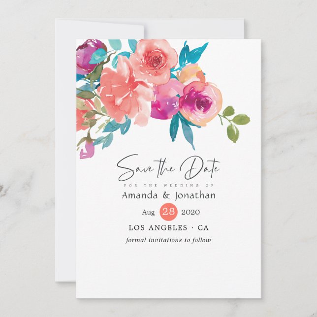 Coral and Fandango Floral Wedding Save The Date (Front)