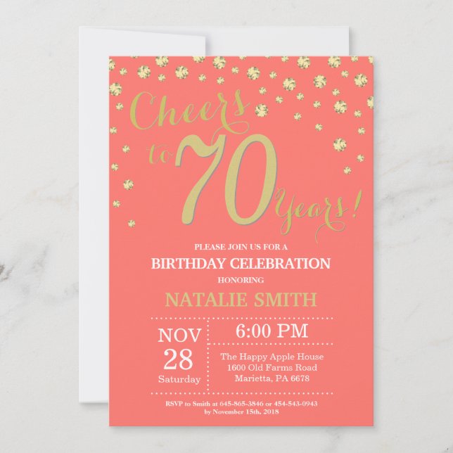 Coral and Gold 70th Birthday Diamond Invitation (Front)