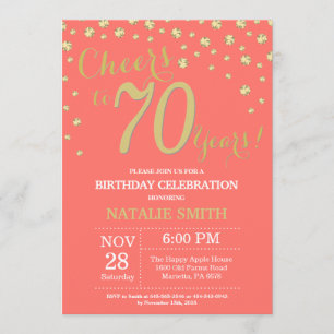 Coral and Gold 70th Birthday Diamond Invitation