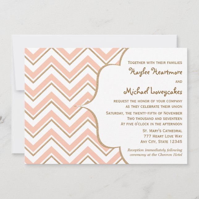 Coral and Gold Chevron Wedding Invitations (Front)