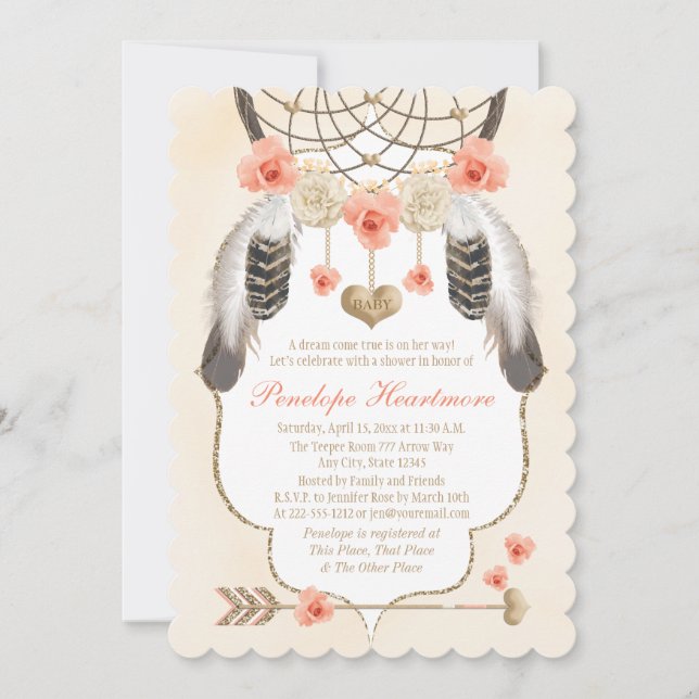 Coral and Gold Dreamcatcher Boho Baby Girl Shower Invitation (Front)