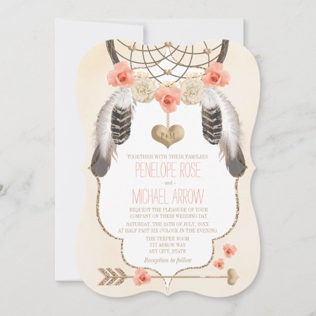 Coral and Gold Dreamcatcher Wedding Invitation (Front)