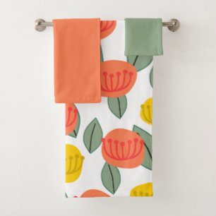 Coral and Gold Flowers Bath Towel Set