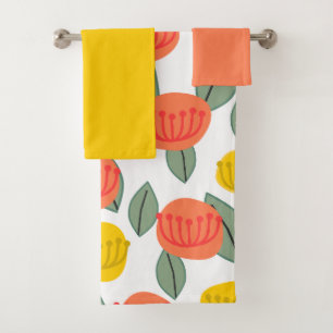 Coral and Gold Flowers  Bath Towel Set