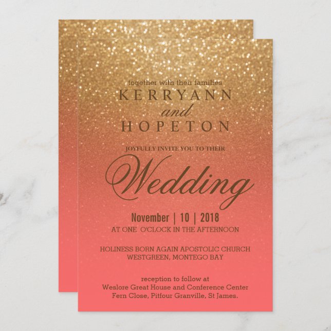 Coral and Gold Glitter Invitation (Front/Back)