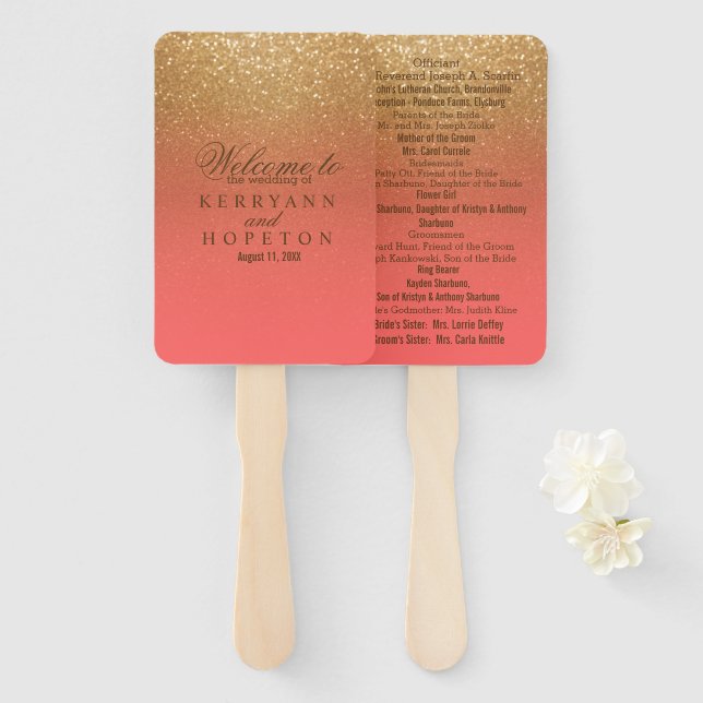 Coral and Gold Glitter - Program Hand Fan (Front and Back)