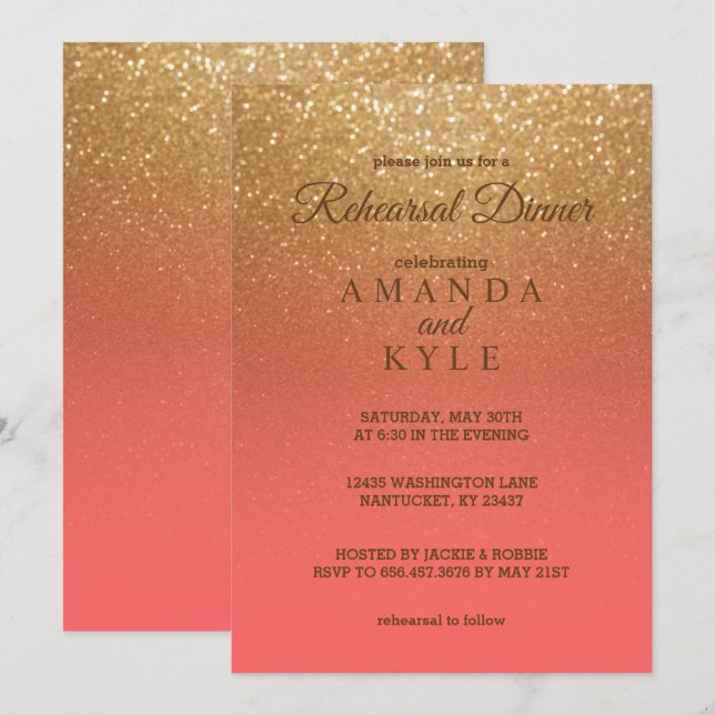 Coral and Gold Glitter - Rehearsal Dinner Invitation (Front/Back)