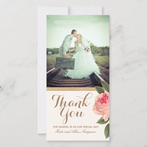 Coral and Gold Glitter Thank You Photo Card 4x8