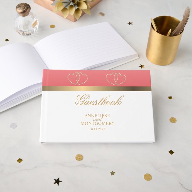 Coral and Gold Hearts Guest Book (Front Open)
