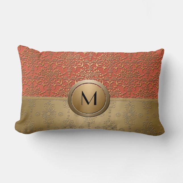 Coral and Gold Monogram Damask Pattern Lumbar Pillow (Front)