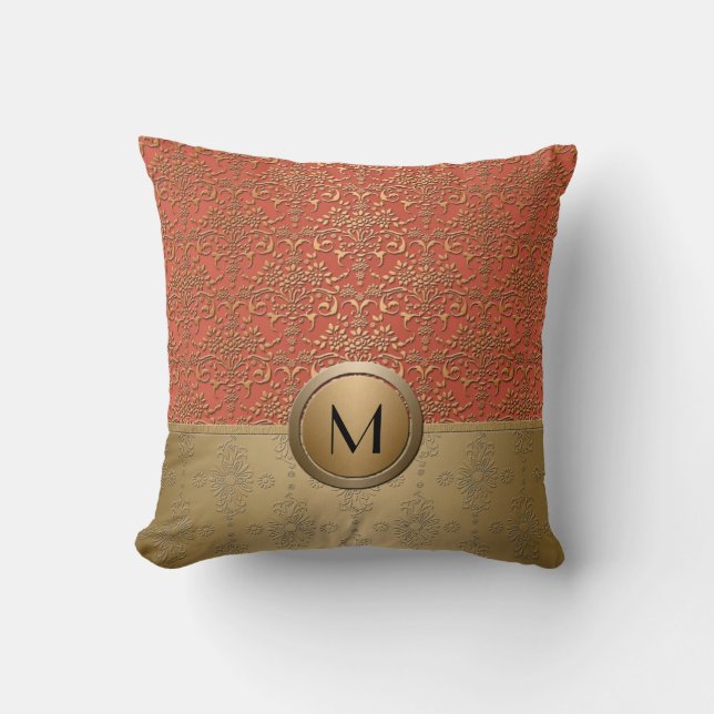 Coral and Gold Monogram Damask Pattern Throw Pillow (Front)