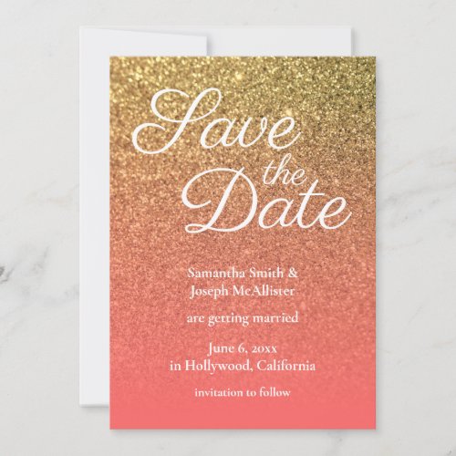 Coral and Gold Ombre Glitter Save the Date Invitation