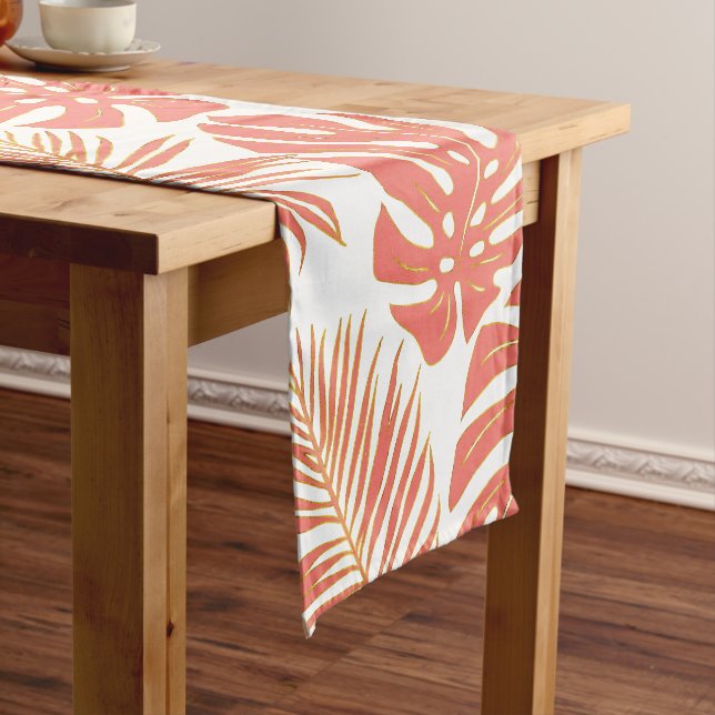 Coral and gold palm and monstera tropical leaves short table runner (In Situ)