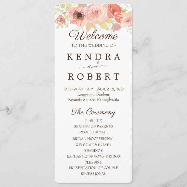 Coral and Gold Rose Wedding Itinerary Program (Front)