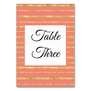 Coral and Gold Stripe Personalized Table Number