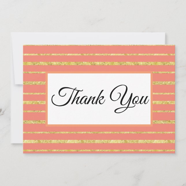 Coral and Gold Stripe Thank You Card (Front)