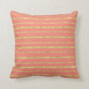 Coral and Gold Stripe Throw Pillow