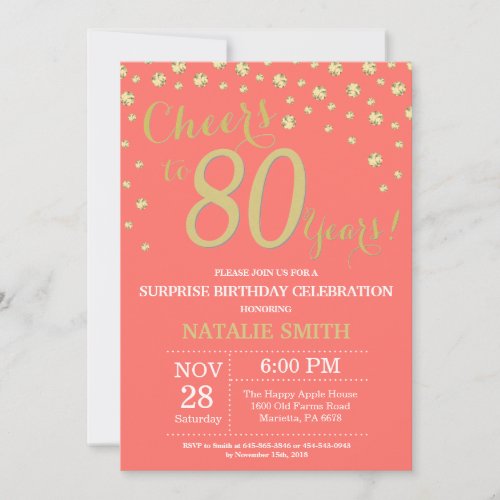 Coral and Gold Surprise 80th Birthday Diamond Invitation