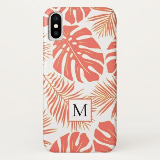 Coral and gold tropical leaves and monogram Case-Mate iPhone case