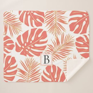 Coral and gold tropical leaves and monogram sherpa blanket