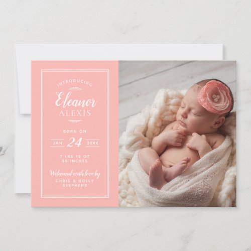 Coral and Gray Baby Girl Photo Birth Announcement