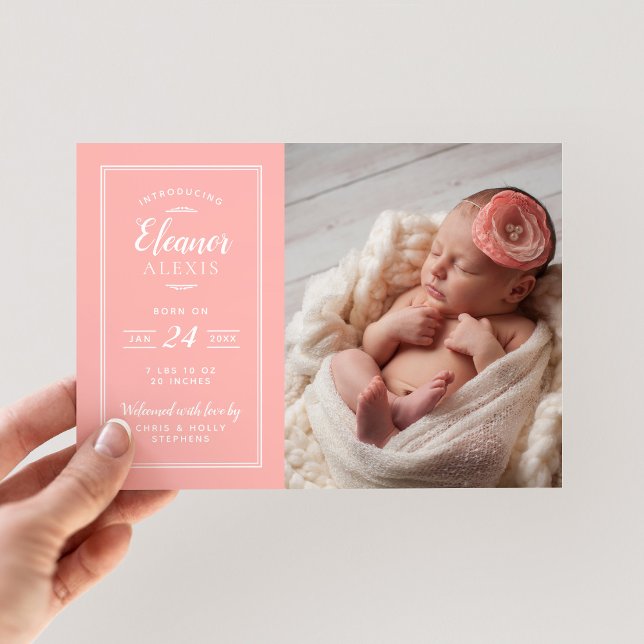 Coral and Gray Baby Girl Photo Birth Announcement (Creator Uploaded)