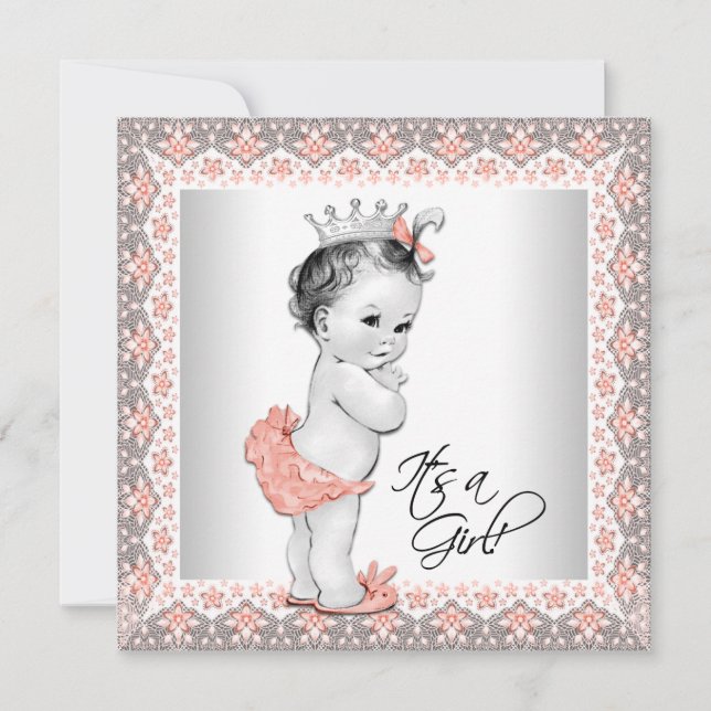 Coral and Gray Baby Girl Shower Invitation (Front)