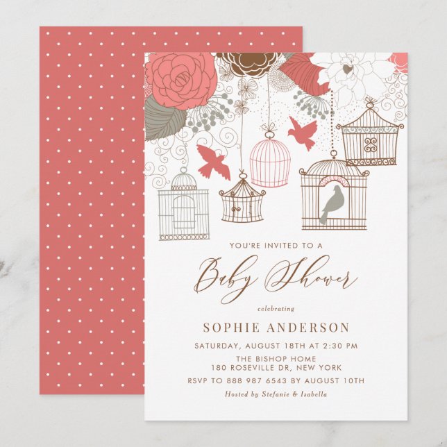 Coral and Gray Birdcages Baby Shower Invitation (Front/Back)