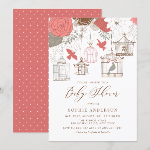Coral &amp; Gray BirdcagesBaby Shower Invitation