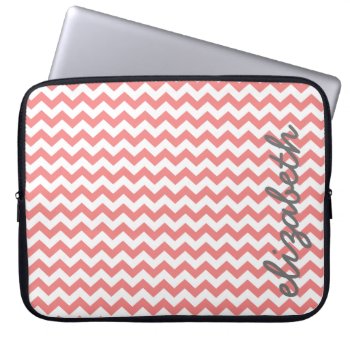 Coral And Gray Chevron Pattern With Big Name Laptop Sleeve by icases at Zazzle