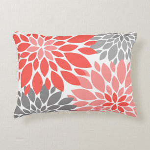 Coral and Gray Chrysanthemums Floral Pattern Decorative Pillow